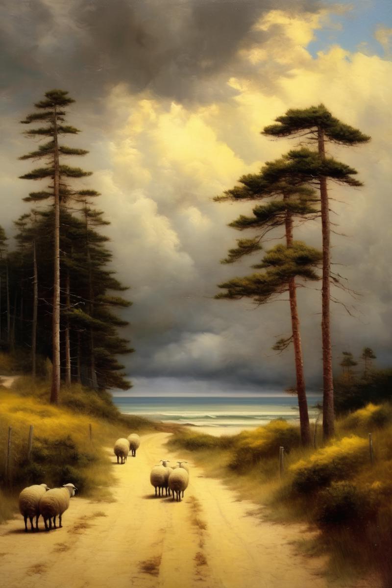 01169-3820733028-_lora_Worthington Whittredge Style_1_Worthington Whittredge Style - a man is walking his sheeps on a winding road leading to the.png